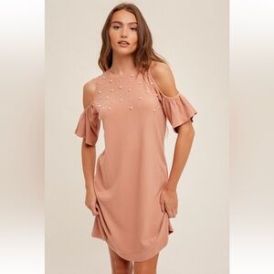 Cold Shoulder Pearl Trimmed Brushed Rib Dress